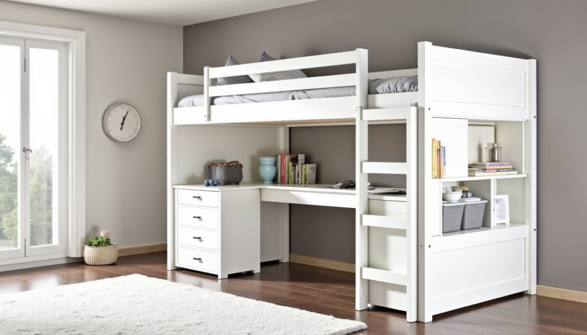 Lit mezzanine blanc avec bureau intégré, rangements pratiques et éclairage LED moderne