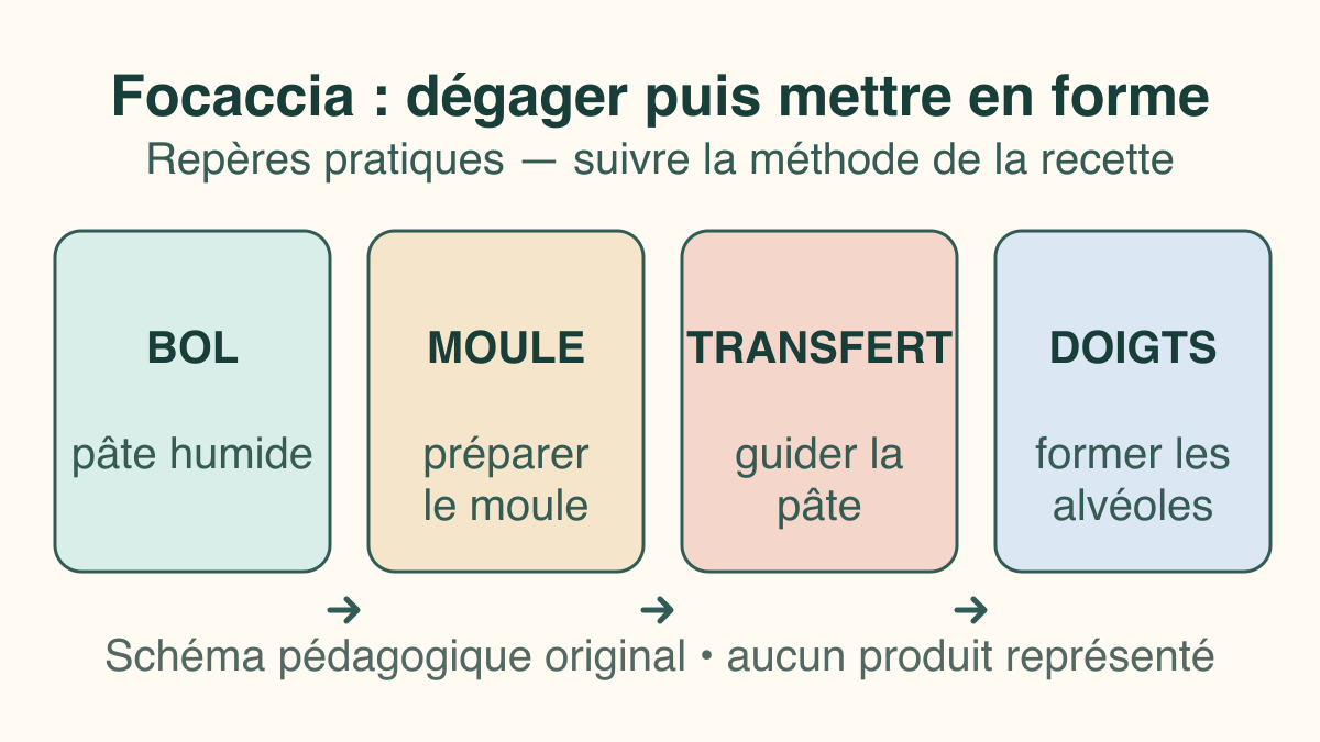 Focaccia : dégager la pâte du récipient avant la mise en forme